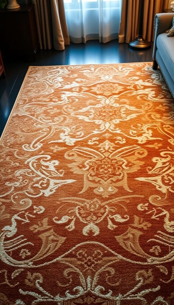 A luxurious, well-crafted area rug with a sophisticated, modern pattern in warm, earthy tones. The rug is the focal point of the room, its intricate design adding visual interest and defining the space. Soft, indirect lighting casts a cozy, inviting glow, creating a sense of warmth and comfort underfoot. The rug's texture and hues complement the room's elegant yet inviting decor, seamlessly blending form and function to create a harmonious, cohesive living space.