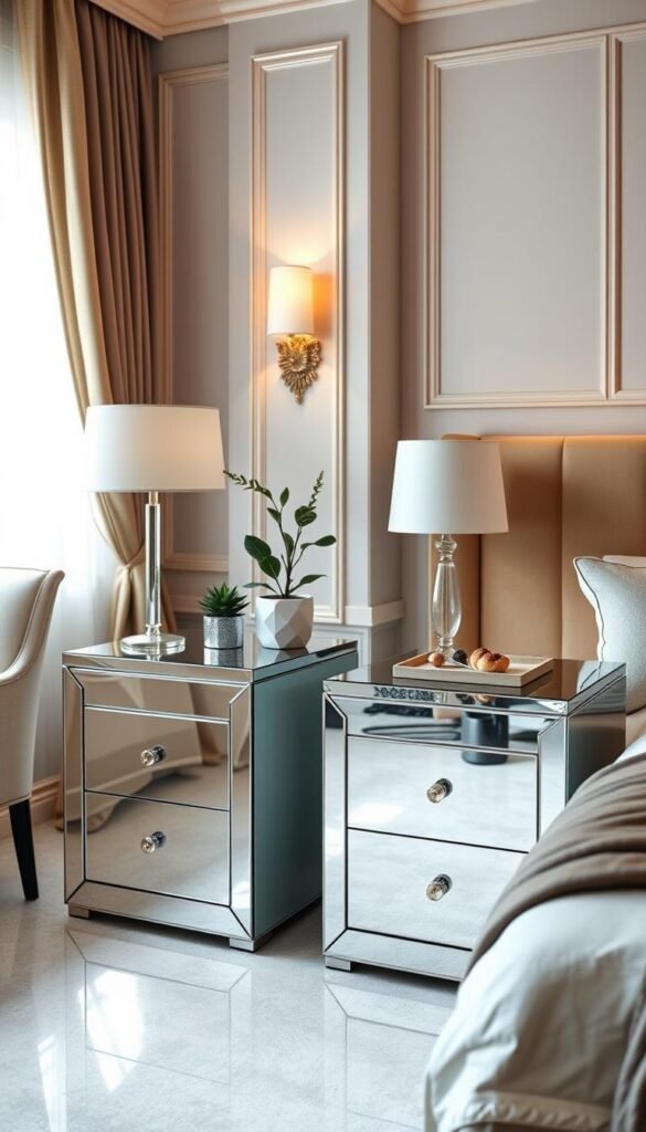 A luxurious, well-lit boudoir showcasing a pair of elegant mirrored bedside tables. The tables feature a sleek, minimalist design with a high-gloss finish that reflects the soft, warm lighting of the room. Carefully placed accents, such as a potted plant and a decorative tray, add a touch of sophistication. The overall atmosphere is one of refined glamour, creating a serene and inviting environment perfect for an aesthetically-pleasing bedroom.