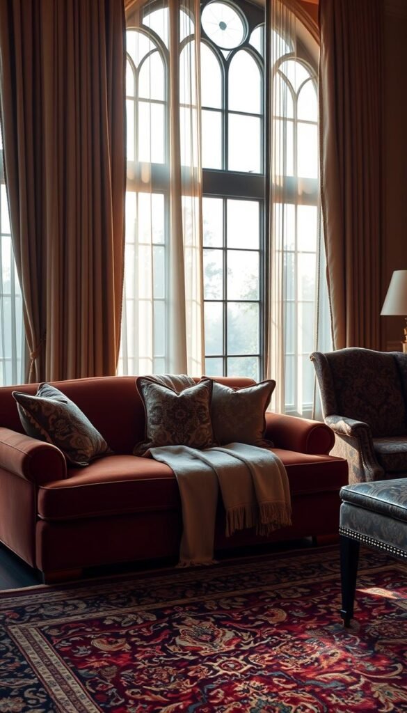 A luxuriously appointed living room, bathed in warm, soft light filtering through sheer curtains. In the foreground, a plush, velvet sofa in a rich, jewel-toned hue, accented with ornately embroidered throw pillows. Draped across the sofa, a sumptuous cashmere blanket in a complementary neutral shade. On the adjacent armchair, a silky, patterned upholstery in muted tones adds visual interest. The middle ground features a large, ornate Persian rug in deep, saturated colors, anchoring the space. In the background, tall, arched windows frame the scene, casting a gentle glow and hinting at the tranquility beyond. An atmosphere of refined elegance and timeless sophistication pervades the space.