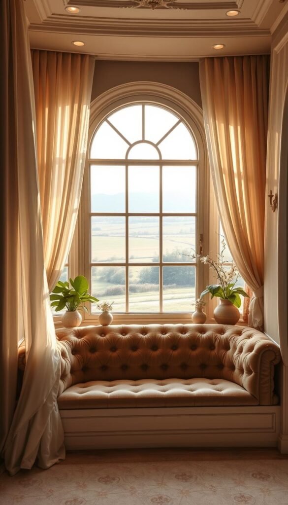 A luxuriously cozy window seat, bathed in warm, natural light filtering through sheer, flowing curtains. The plush, tufted upholstery in a rich, velvety fabric invites you to sink in and gaze out at the serene, pastoral view beyond the arched window frame. Soft, ambient lighting casts a gentle glow, while potted plants and delicate vases add a touch of elegance. The window seat is seamlessly integrated into the surrounding architectural details, creating a truly bespoke, high-end design. The overall mood is one of refined sophistication and tranquil relaxation.