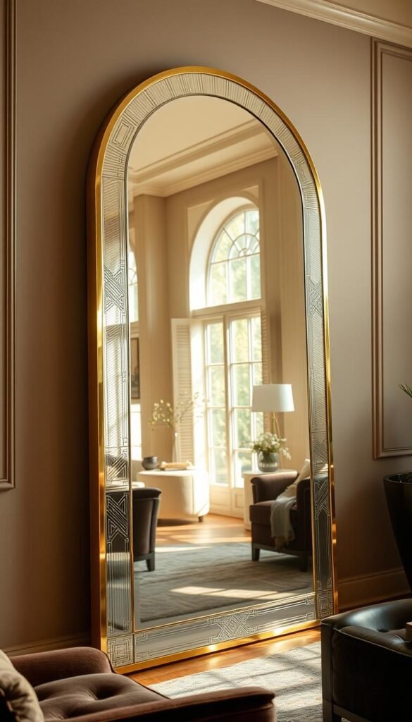 A luxuriously designed mirror with a gleaming brass frame, reflecting a warm, softly lit living room. The mirror's surface is a seamless expanse of high-quality glass, distortion-free and polished to a mirror-like shine. Delicate linear patterns are etched into the frame, creating an intricate, Art Deco-inspired design. The mirror is positioned to capture and amplify the natural light streaming in through large windows, creating a sense of depth and openness in the space. Plush, jewel-toned velvet furnishings and rich wood accents complement the mirror's elegant aesthetic, evoking a refined, opulent atmosphere.