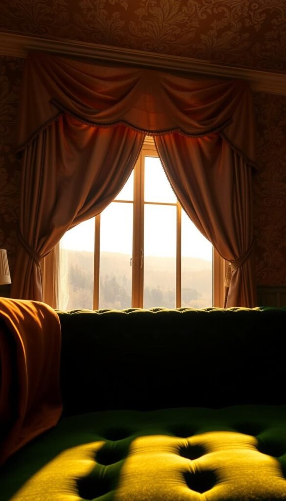 A luxuriously layered scene of rich, dream-like textures and fabrics. In the foreground, plush velvet upholstery in a deep emerald green cascades over a chesterfield sofa, its tufted surface catching the warm, golden light. In the middle ground, shimmering satin curtains in a soft, dusky rose hue elegantly frame a large window, through which a hazy, sun-dappled landscape is visible. The background is filled with a sumptuous brocade wallcovering, its intricate floral pattern casting a regal, opulent ambiance. The overall mood is one of refined sophistication and indulgent comfort, inviting the viewer to sink into the opulent, dream-like setting.
