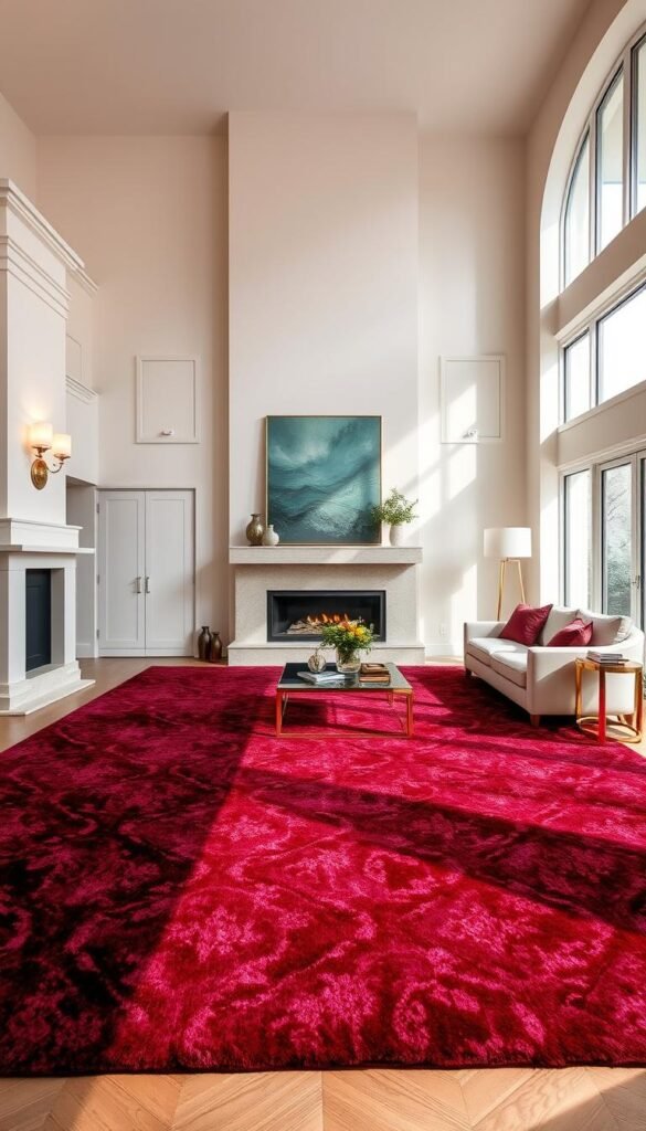 A luxuriously plush, high-pile area rug takes center stage in a spacious, sun-drenched living room. The rug's rich, jewel-toned hues of deep ruby and emerald green create a sumptuous, opulent feel, complemented by shimmering metallic accents in the form of gleaming brass side tables and a sleek, modern fireplace mantel. Soft, indirect lighting from elegant sconces casts a warm, flattering glow, while the room's large windows allow natural light to flood the space, highlighting the rug's intricate, detailed pattern. The overall atmosphere exudes an air of refined sophistication and elevated style, perfect for a glamorous, yet tasteful, living area.