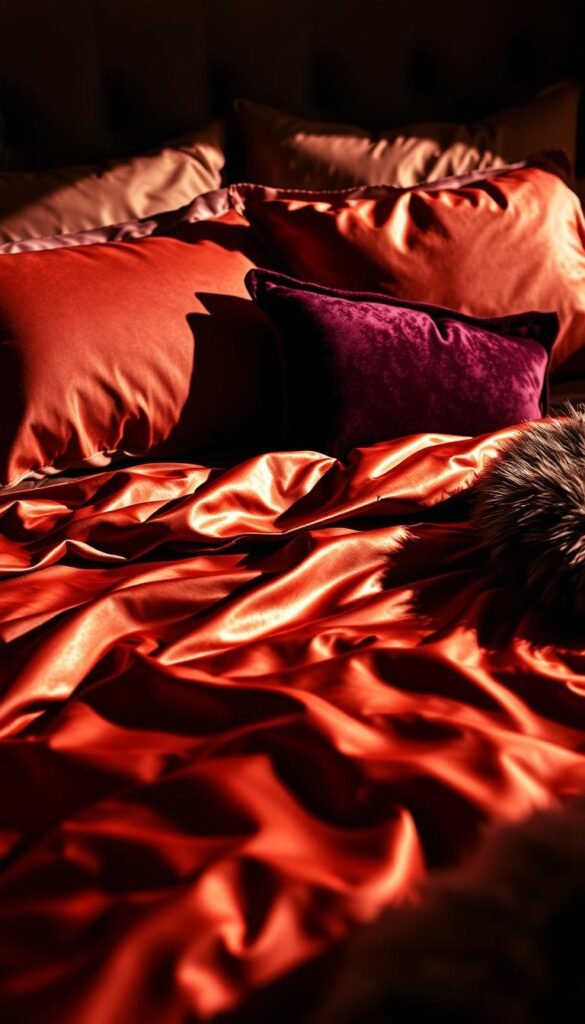 A luxuriously textured bedscape featuring opulent satin sheets in a rich jewel-toned palette, layered with shimmering velvet pillows and a plush faux fur throw. The lighting is soft and warm, creating a seductive, boudoir-inspired ambiance. The camera angle is low, capturing the bedding at a dramatic, larger-than-life scale to highlight the indulgent, high-end materiality. Shadows and highlights accentuate the sumptuous textures, while a slight vignette frames the scene, evoking an air of exclusivity and glamour befitting a bold, baddie aesthetic bedroom.