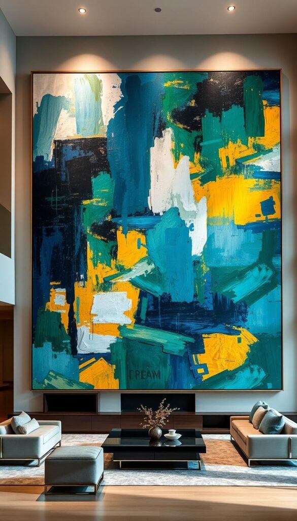 A massive, abstract expressionist painting dominates the high-ceilinged, modern luxury living room. Thick, bold brushstrokes in a vibrant color palette of blues, greens, and golds fill the expansive canvas, creating a dynamic, energetic composition that commands attention. Dramatic lighting from concealed sources casts dramatic shadows and highlights the textural qualities of the paint, giving the artwork a sense of depth and movement. The painting is expertly framed, with a sleek, minimalist frame that complements the sophisticated, contemporary aesthetic of the space. The large scale of the artwork effortlessly fills the tall walls, creating a focal point that anchors the room and elevates the overall design.