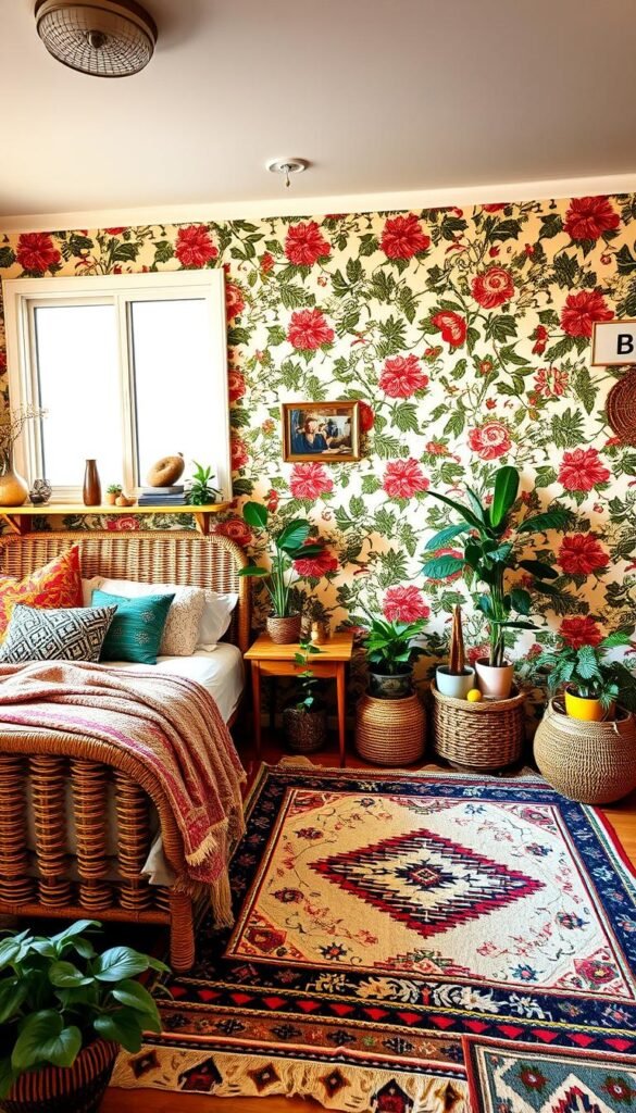 A maximalist boho bedroom filled with a vibrant mix of patterns and textures. In the foreground, a large rattan bed frame is adorned with an assortment of patterned throw pillows and a cozy knit blanket. The middle ground features a plush area rug with an eclectic tribal design, complemented by a wooden side table topped with an array of potted plants and decorative objects. In the background, the walls are covered in a lush wallpaper featuring an ornate floral motif, creating a lush, layered ambiance. Soft, diffused lighting casts a warm, inviting glow throughout the space, enhancing the bohemian, carefree atmosphere. A maximalist boho bedroom filled with a vibrant mix of patterns and textures. In the foreground, a large rattan bed frame is adorned with an assortment of patterned throw pillows and a cozy knit blanket. The middle ground features a plush area rug with an eclectic tribal design, complemented by a wooden side table topped with an array of potted plants and decorative objects. In the background, the walls are covered in a lush wallpaper featuring an ornate floral motif, creating a lush, layered ambiance. Soft, diffused lighting casts a warm, inviting glow throughout the space, enhancing the bohemian, carefree atmosphere.