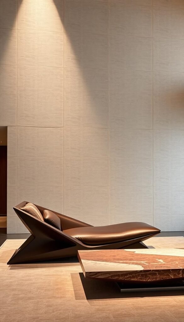 A meticulously crafted statement furniture piece, masterfully sculpted to resemble a work of functional art. The foreground showcases an exquisite, sleek chaise lounge with striking, angular lines and a luxurious, deep-toned leather upholstery. Positioned against a minimalist backdrop, the chaise is illuminated by warm, dramatic lighting from above, casting dramatic shadows that accentuate its sculptural form. The middle ground features a matching coffee table, its surface a seamless blend of polished stone and gleaming metal. The entire scene is set within a spacious, high-ceilinged living room, the walls adorned with subtly textured wallpaper that emanates an air of refined elegance. The overall atmosphere evokes a harmonious fusion of avant-garde design and timeless sophistication.