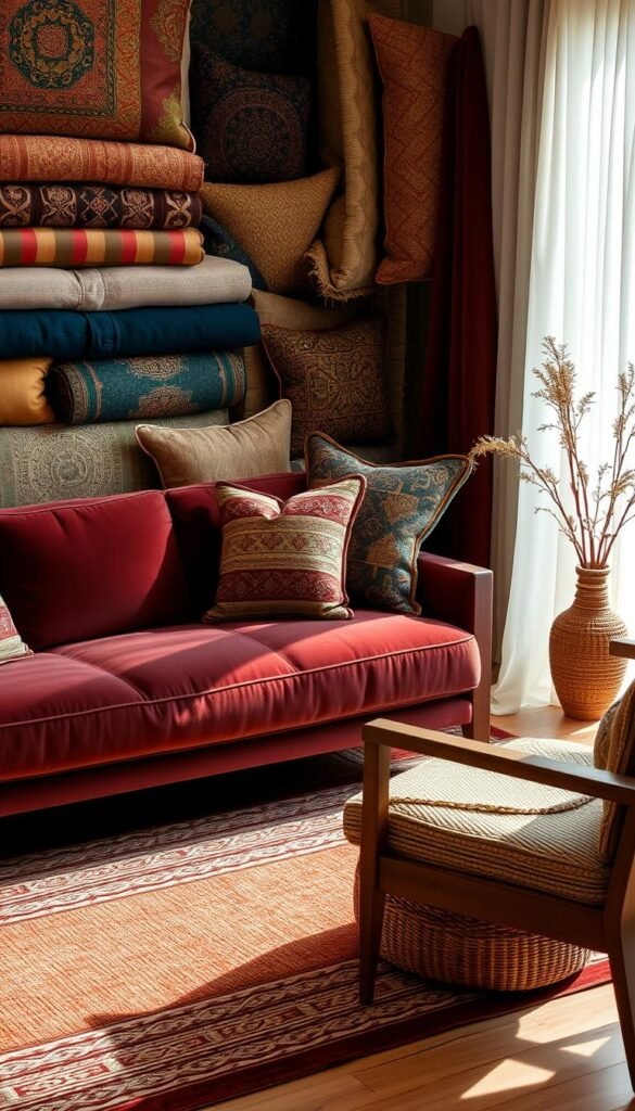 A meticulously curated arrangement of sumptuous textiles, each piece a tactile delight. Plush velvet sofas in a rich jewel-toned hue, their luxurious sheen catching the warm glow of soft lighting. Intricately patterned throw pillows in a harmonious color palette, their textures beckoning to be touched. A handwoven area rug, its intricate design grounding the space in a cohesive, sophisticated ambiance. Sleek wooden furniture with a natural, weathered finish provides contrast, while sheer curtains softly diffuse the light, creating an inviting, tranquil atmosphere. Carefully selected accent pieces, such as a ceramic vase or a woven basket, add depth and character to the overall cohesive texture story.