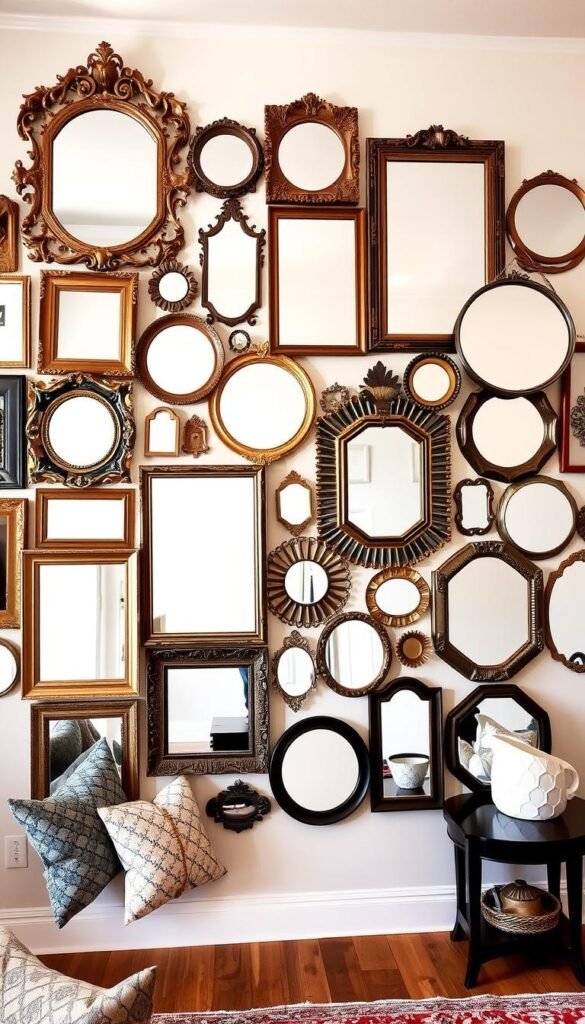 A meticulously curated eclectic mirror gallery wall, featuring an array of ornate vintage frames, minimalist mirrors, and bold, geometric shapes. The arrangement exudes a harmonious blend of textures, styles, and sizes, creating a visually striking focal point. Warm, directional lighting casts a soft, inviting glow, accentuating the unique character of each mirror. The composition is thoughtfully balanced, with mirrors of varying proportions strategically placed to create depth and visual interest. The overall effect is a captivating display that seamlessly integrates into the cozy, intimate ambiance of a small living room, making the space feel larger and more expansive.
