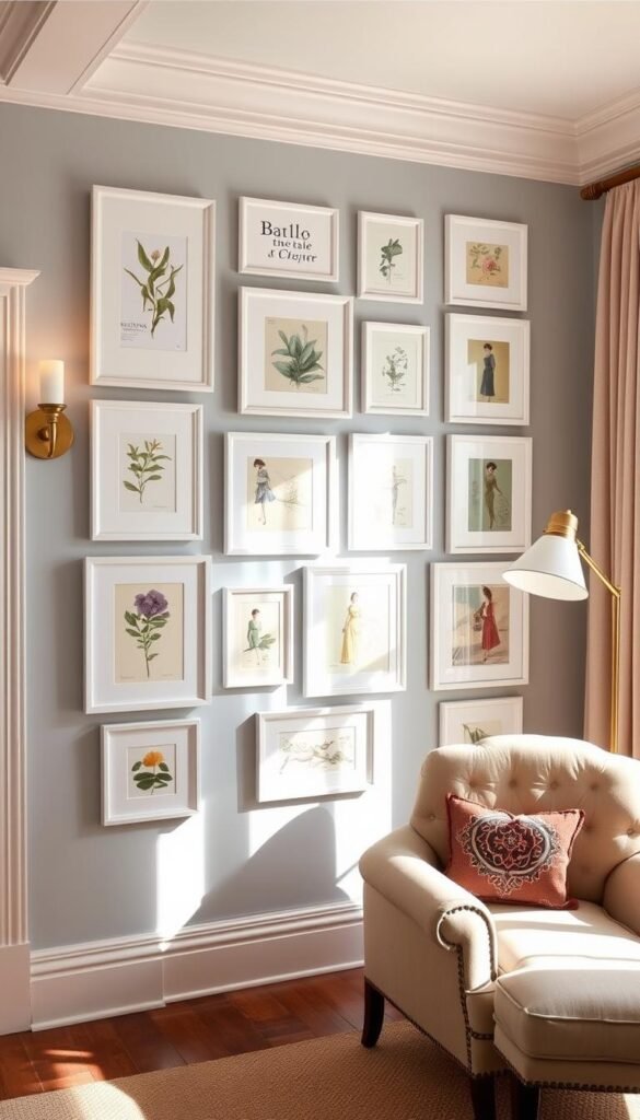 A meticulously curated gallery wall in a preppy, sun-drenched room. Crisp white frames showcase a charming collection of botanical prints, abstract sketches, and framed vintage fashion plates. The walls are painted in a soft, airy shade of blue-gray, complementing the natural linen curtains and plush, tufted armchair. Warm, golden lighting from sconces and a floor lamp casts a gentle glow, enhancing the refined, elegant atmosphere. The overall aesthetic is refined, stylish, and undeniably preppy, creating a chic, inviting display of art and personality.