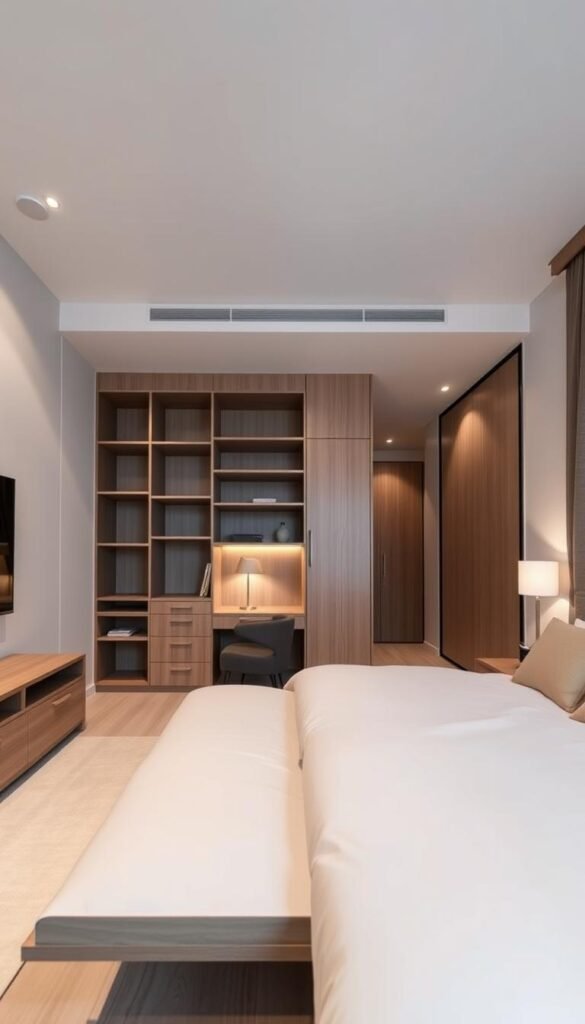 A meticulously designed bedroom featuring innovative furniture layouts that maximize space and comfort. In the foreground, a multifunctional platform bed with built-in storage and a sleek, floating nightstand. The middle ground showcases a modular shelving unit that seamlessly integrates a workspace, while a minimalist wardrobe with sliding doors occupies the background. The lighting is a mix of recessed ceiling fixtures and a modern table lamp, casting a warm, inviting glow. The scene is captured from a slightly elevated angle, emphasizing the clean, uncluttered aesthetic and highlighting the clever use of space. An oasis of tranquility and efficiency, this bedroom embodies the perfect fusion of form and function.