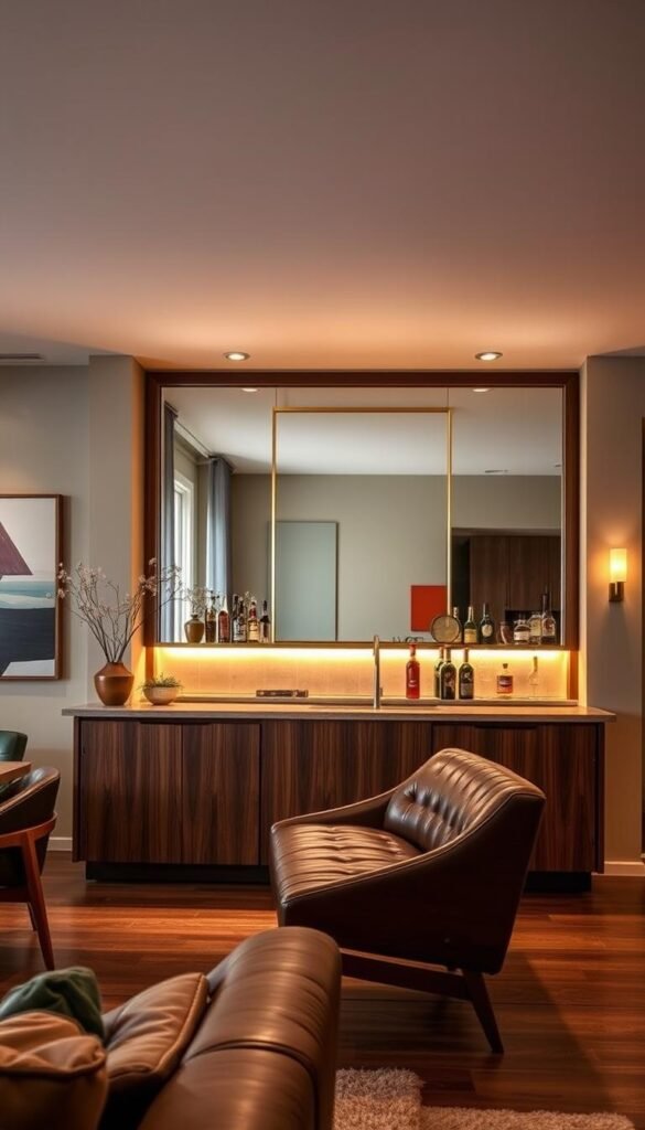 A mid-century modern home bar, bathed in warm, ambient lighting, stands elegantly in the foreground. Sleek, angular lines and rich wood tones define the bar's design, with a curved, tufted leather seating area inviting guests to gather. Minimalist yet sophisticated, the bar is complemented by a backdrop of neutral-toned walls, accented with strategic pops of color and geometric artwork. A low-profile, brass-framed mirror behind the bar reflects the space, creating a sense of depth and sophistication. The overall atmosphere exudes a timeless, elegant charm, perfectly suited for the modern mid-century living room.