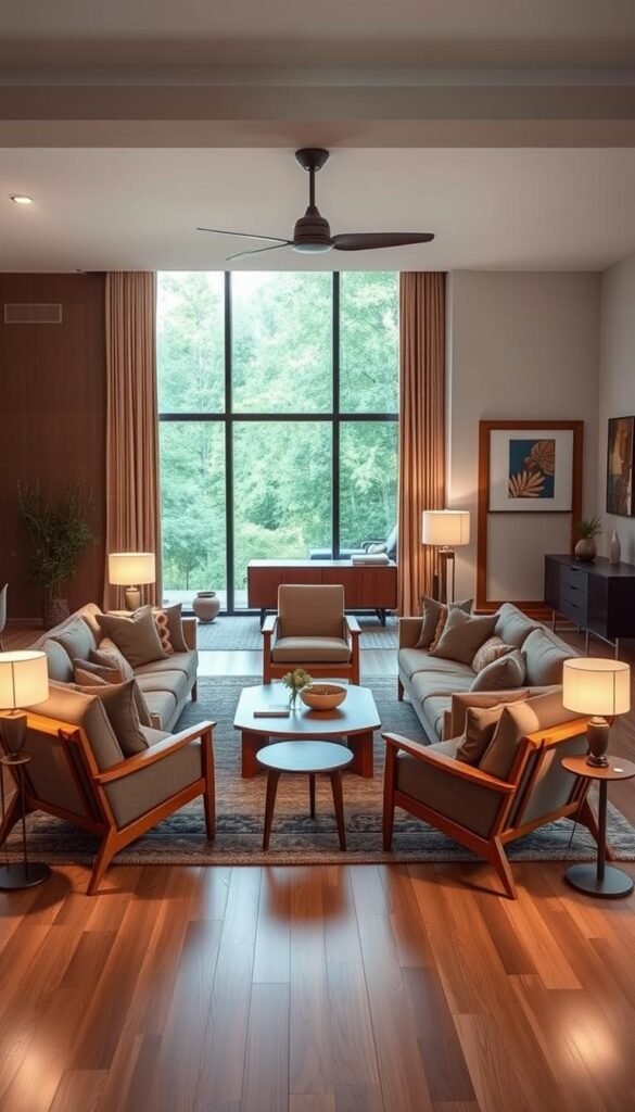 A mid-century modern living room with an open, conversational layout. In the foreground, a plush L-shaped sofa and two matching armchairs are arranged in a semicircle, inviting natural dialogue. The furniture is crafted from rich, warm-toned wood and upholstered in earthy, neutral fabrics. Soft, diffused lighting from floor lamps and a large picture window illuminates the space, creating a cozy, inviting atmosphere. In the background, a low-profile credenza and a mid-century inspired coffee table complete the minimalist, yet stylish aesthetic. The room is infused with a sense of harmony and flow, reflecting the effortless blend of form and function.