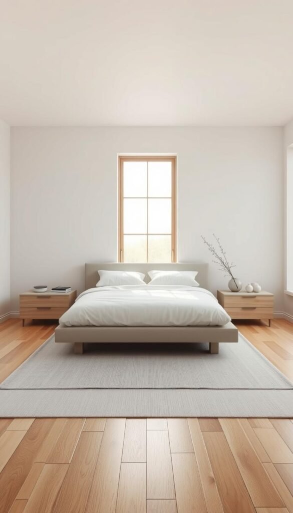 A minimalist bedroom design with a serene, calming atmosphere. A spacious, airy room with clean lines and muted tones. Soft, diffused natural light streams in through large windows, casting a warm glow on the simple yet elegant furnishings. A minimalist platform bed with crisp white linens takes center stage, flanked by sleek nightstands. Subtle texture from a neutral-colored rug and a few carefully selected decorative accents add visual interest without clutter. Soothing, monochromatic color palette of whites, grays, and natural wood tones. An overall sense of tranquility and understated sophistication.