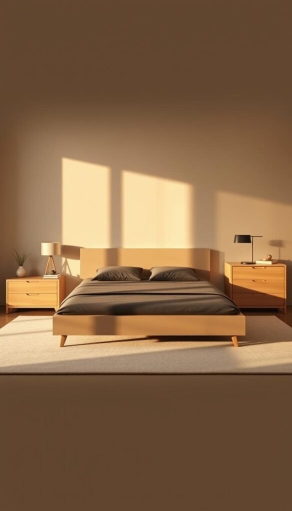 A minimalist bedroom with clean, geometric furniture. A low-profile bed frame with crisp lines and a simple headboard takes center stage. Paired with a streamlined dresser and nightstands, all finished in light wood tones. The room is bathed in warm, directional lighting, casting long shadows that accentuate the furniture's angular design. The walls are a muted, neutral palette, allowing the furnishings to be the focal point. An unobtrusive rug and sparse decor elements complete the serene, purposeful atmosphere.