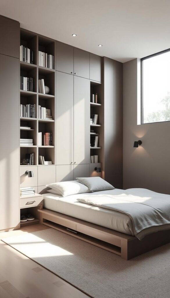 A minimalist bedroom with streamlined storage solutions that maximize every inch of space. Muted tones create a serene, uncluttered atmosphere. A sleek built-in shelving system with hidden compartments lines the walls, providing ample storage for books, decor, and personal items. A low-profile platform bed with integrated drawers underneath offers additional concealed storage. Soft, diffused lighting from a pair of minimalist sconces highlights the clean, modern aesthetic. An expansive window fills the room with natural light, making it feel open and airy. This efficient, well-organized layout demonstrates how to minimize clutter and elevate the sense of space in a small bedroom.