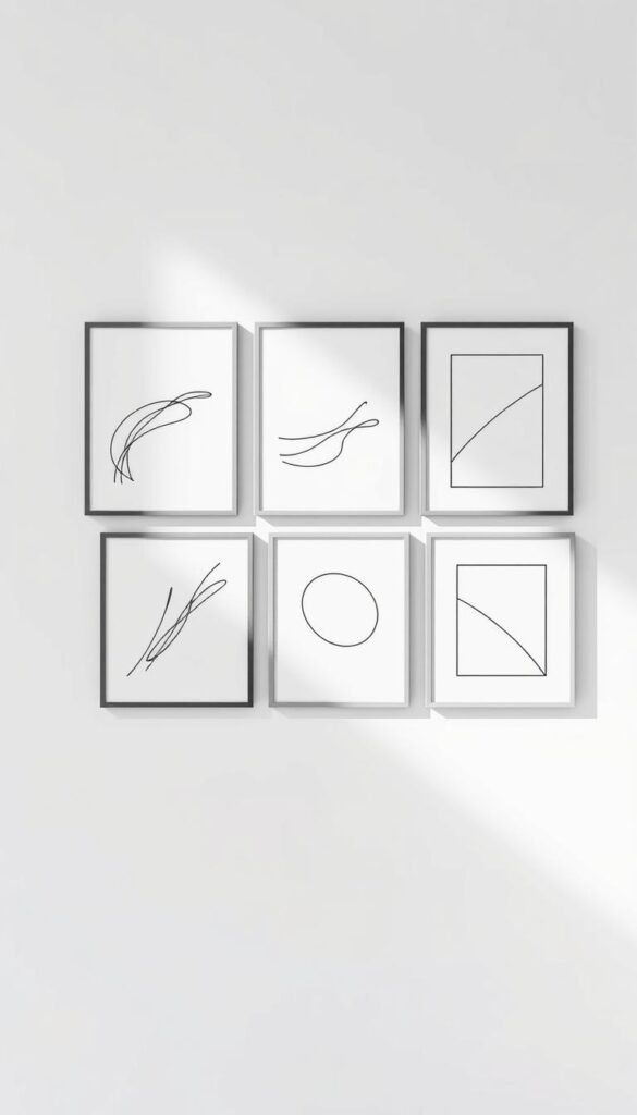 A minimalist black and white gallery wall, featuring a clean, modern arrangement of abstract line art prints and geometric shapes. The frames are sleek and streamlined, mounted against a crisp white background. Soft, even lighting illuminates the artwork, casting subtle shadows and highlights to accentuate the stark monochrome palette. The overall atmosphere is one of elegant simplicity, inviting the viewer to appreciate the bold, minimalist compositions. A sense of balance and harmony pervades the scene, creating a soothing, contemplative ambiance perfect for an aesthetic living space.