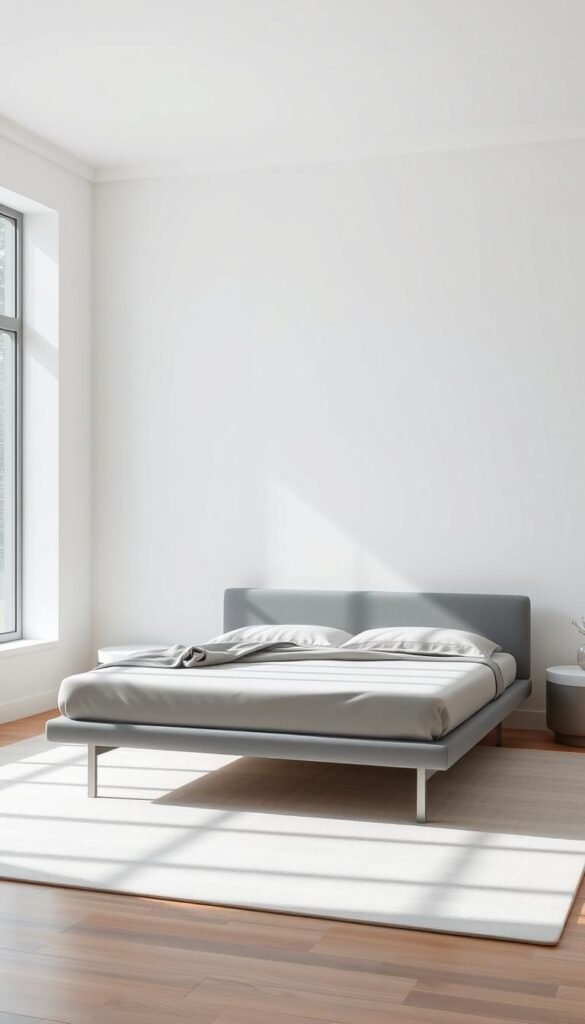 A minimalist grey bed frame with clean lines and a sleek, contemporary design. The frame is positioned in a bright, airy bedroom with large windows allowing natural light to flood the space. The frame is set against a backdrop of crisp white walls, creating a soothing, serene atmosphere. Soft, diffused lighting emanates from discreet sources, highlighting the subtle texture and finish of the grey metal. The frame is elevated slightly off the floor, giving it a floating, weightless appearance. The overall aesthetic is one of understated elegance and restful simplicity, perfectly suited for a modern, sophisticated bedroom.