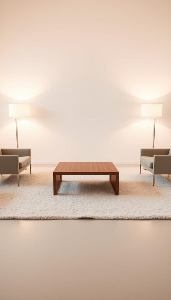 A minimalist living room arrangement featuring a low, rectangular wooden coffee table with clean lines, set atop a plush, neutral-toned area rug. Flanking the table are two sleek, armless lounge chairs in a muted color palette, creating a balanced, harmonious composition. The space is illuminated by warm, diffused lighting from a pair of minimalist floor lamps, casting a soft, calming glow. The walls are bare, allowing the furniture to take center stage in this elegantly simple setting, embodying the principles of form and function.