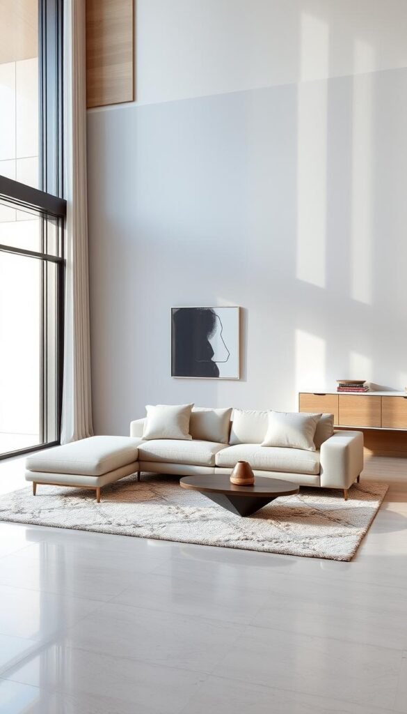 A minimalist living room in a modern luxury home, bathed in natural light filtering through large windows. The space features clean lines, muted tones, and high-quality materials like smooth marble, polished wood, and brushed metal. A sleek, low-profile sofa sits atop a plush area rug, complemented by a simple, angular coffee table. Accent pieces like a decorative vase and a single piece of abstract art add subtle visual interest. The room exudes a sense of calm and sophistication, inviting relaxation and quiet contemplation.