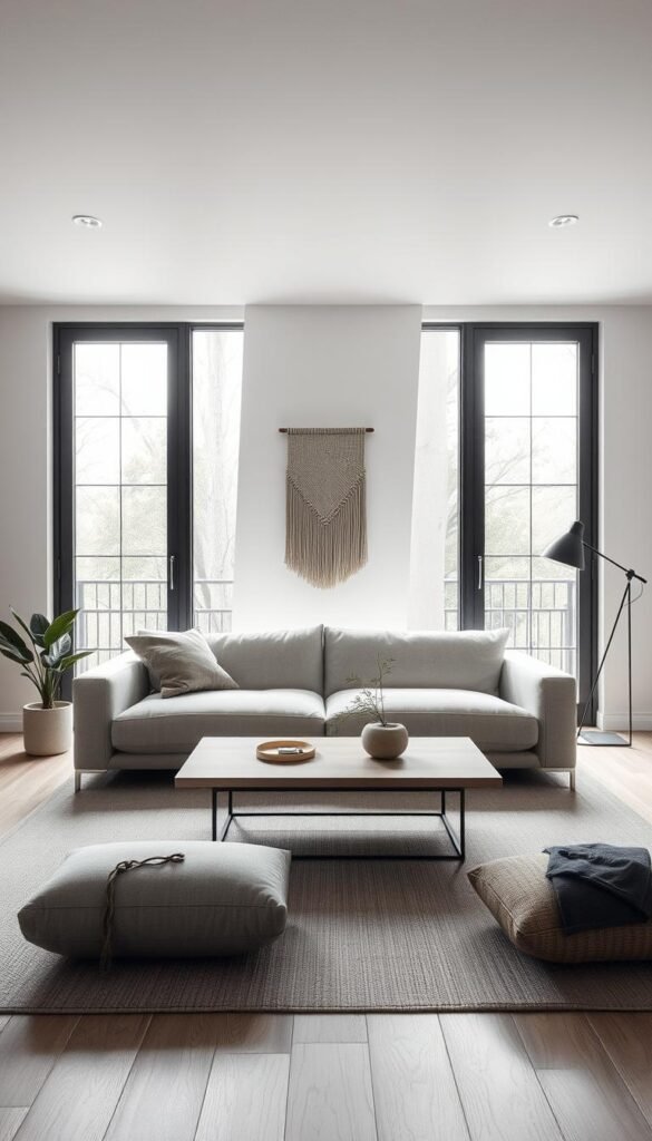 A minimalist living room layout featuring a sleek, streamlined design. A large, plush sofa occupies the center, framed by a pair of floor-to-ceiling windows that flood the space with natural light. A low, rectangular coffee table sits atop a neutral, textured rug, promoting a sense of flow and functionality. The room is adorned with a few carefully curated decor pieces, such as a potted plant and a modern, geometric wall hanging, creating an atmosphere of elegant simplicity. The overall palette is muted and monochromatic, with accents of warm wood tones. Soft, diffused lighting from recessed fixtures and a minimalist, angular floor lamp contribute to the calming, serene ambiance.