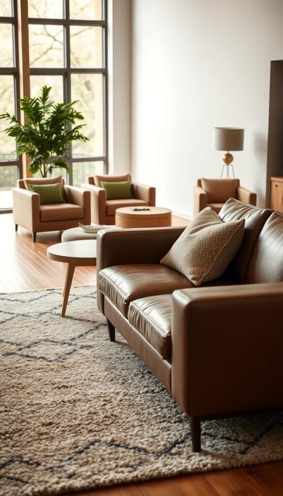 A minimalist living room showcasing a collection of high-quality, timeless furniture pieces. In the foreground, a sleek and modern leather sofa with clean lines and a neutral palette sits atop a plush, textured area rug. Beside it, a solid wood side table with a simple, yet elegant design. In the middle ground, a pair of matching armchairs upholstered in a durable, natural fabric exude a sense of sophistication and comfort. The background features large windows that flood the space with warm, natural light, highlighting the craftsmanship and attention to detail in each piece. The overall atmosphere is one of understated luxury, where form and function seamlessly blend together to create a harmonious and inviting living environment. A minimalist living room showcasing a collection of high-quality, timeless furniture pieces. In the foreground, a sleek and modern leather sofa with clean lines and a neutral palette sits atop a plush, textured area rug. Beside it, a solid wood side table with a simple, yet elegant design. In the middle ground, a pair of matching armchairs upholstered in a durable, natural fabric exude a sense of sophistication and comfort. The background features large windows that flood the space with warm, natural light, highlighting the craftsmanship and attention to detail in each piece. The overall atmosphere is one of understated luxury, where form and function seamlessly blend together to create a harmonious and inviting living environment.