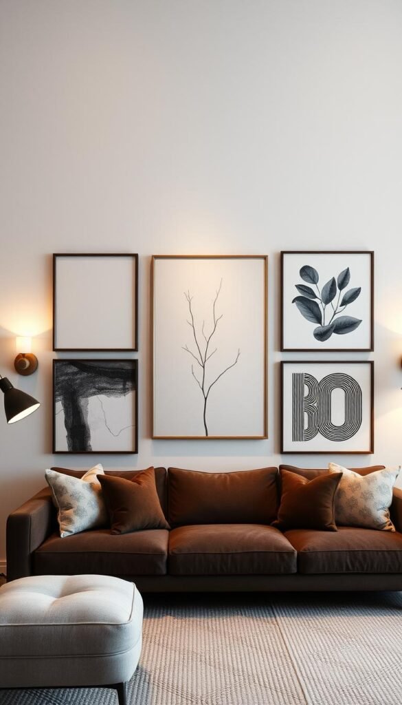 A minimalist living room wall with a harmonious mix of framed art pieces, including a large abstract painting, a monochrome sketch, a nature-inspired canvas, and a bold graphic print. The arrangement is balanced and intentional, with each piece complementing the others in terms of color, style, and scale. Warm, diffused lighting from sconces and floor lamps creates a cozy, inviting atmosphere, highlighting the textural details of the artwork. The overall composition exudes a sense of effortless sophistication, inspiring viewers to curate their own personalized gallery walls.