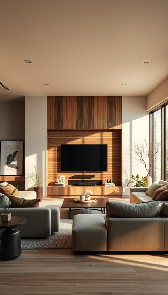 A minimalist living room with a concealed TV, bathed in warm, natural lighting from large windows. The TV is discreetly integrated into the wall, its presence masked by a stylish wood or stone facade that blends seamlessly with the decor. Carefully placed decorative elements like artwork, plants, and textured surfaces draw the eye, distracting from the hidden entertainment system. The overall atmosphere is one of calm, refined elegance - a space where the TV becomes an inconspicuous part of the carefully curated design.