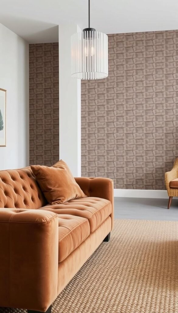 A minimalist living room with a focus on textural elements that add depth without bulk. In the foreground, a plush, tufted velvet sofa in a rich, earthy tone. The middle ground showcases a woven jute rug with an intricate pattern, complementing the sofa. In the background, a feature wall with a sculptural, geometric wallpaper pattern in muted tones, creating a sense of depth and visual interest. Soft, diffused lighting from a sleek, modern chandelier casts a warm, intimate glow over the space. The overall mood is one of understated elegance and refined simplicity.