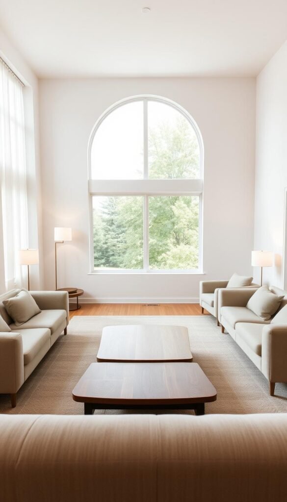 A minimalist living room with a functional furniture arrangement. In the foreground, a low-profile sectional sofa in a neutral tone, its clean lines and ample seating promoting a sense of flow. Centered in the middle ground, a square wooden coffee table with rounded edges, its surface clear of clutter. Flanking the table, two armchairs in a complementary material, their positions inviting conversation. Soft, ambient lighting from floor lamps casts a warm glow, while a large window in the background allows natural daylight to filter in, creating a bright, airy atmosphere. The overall layout prioritizes both form and function, showcasing a minimalist aesthetic that seamlessly blends comfort and style. A minimalist living room with a functional furniture arrangement. In the foreground, a low-profile sectional sofa in a neutral tone, its clean lines and ample seating promoting a sense of flow. Centered in the middle ground, a square wooden coffee table with rounded edges, its surface clear of clutter. Flanking the table, two armchairs in a complementary material, their positions inviting conversation. Soft, ambient lighting from floor lamps casts a warm glow, while a large window in the background allows natural daylight to filter in, creating a bright, airy atmosphere. The overall layout prioritizes both form and function, showcasing a minimalist aesthetic that seamlessly blends comfort and style.
