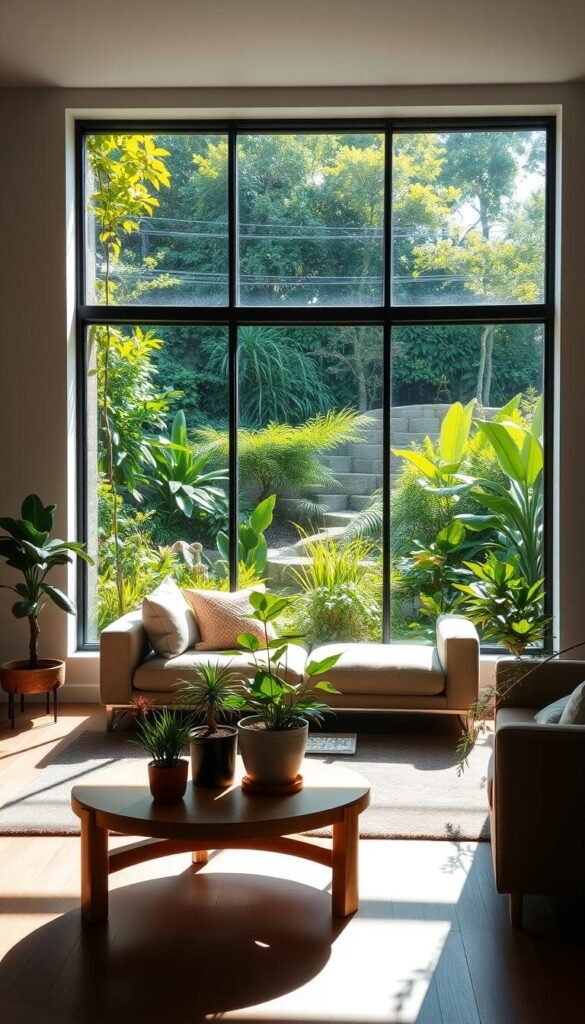 A minimalist living room with a large window overlooking a lush, verdant garden. Sunlight streams in, casting a warm, natural glow across the space. In the foreground, a small table displays a carefully curated selection of potted plants, their vibrant foliage adding pops of color and life to the room. The middle ground features a comfortable, low-profile sofa and a sleek, wooden coffee table, creating a harmonious blend of natural and modern elements. In the background, the garden outside is visible, its meticulously arranged greenery seamlessly integrating with the interior design, blurring the boundaries between indoor and outdoor living. A minimalist living room with a large window overlooking a lush, verdant garden. Sunlight streams in, casting a warm, natural glow across the space. In the foreground, a small table displays a carefully curated selection of potted plants, their vibrant foliage adding pops of color and life to the room. The middle ground features a comfortable, low-profile sofa and a sleek, wooden coffee table, creating a harmonious blend of natural and modern elements. In the background, the garden outside is visible, its meticulously arranged greenery seamlessly integrating with the interior design, blurring the boundaries between indoor and outdoor living.