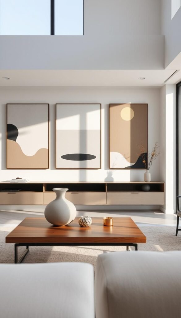 A minimalist living room with a sleek, modern aesthetic. In the foreground, a carefully curated selection of abstract art pieces in muted tones are displayed on the wall, their simple yet impactful designs drawing the eye. In the middle ground, a low-profile, wooden coffee table holds a few carefully placed decorative objects, such as a sculptural ceramic vase and a small, polished metal trinket. The room is bathed in soft, natural lighting filtering in through large windows, creating a serene and calming atmosphere. The overall impression is one of understated elegance and refined taste.