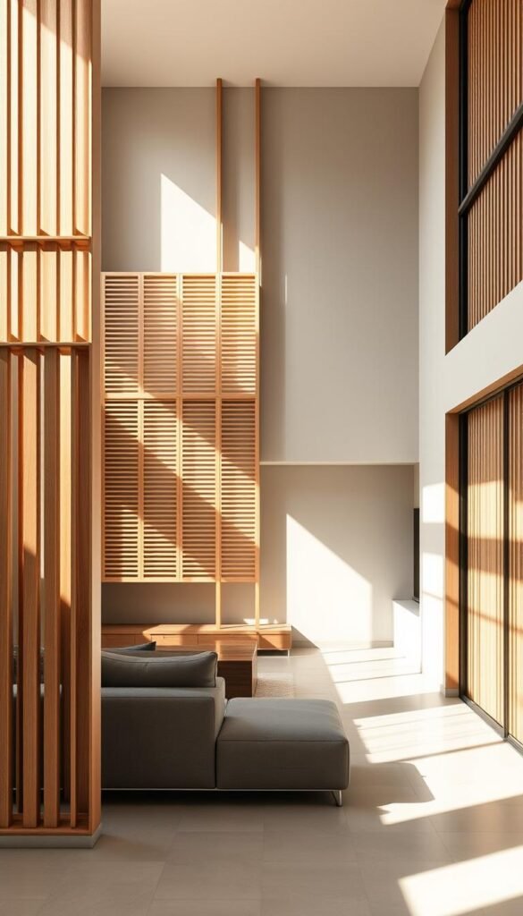 A minimalist living room with clean, architectural wood slat dividers that define the space. The slatted panels are arranged in a geometric, modular pattern, casting soft shadows and creating a sense of depth and visual interest. The lighting is natural, filtering through large windows, with a warm, diffused glow. The overall atmosphere is one of serenity and zen-like simplicity, inviting the viewer to appreciate the elegance of the design. The room is sparsely furnished, allowing the architectural elements to take center stage and showcase the minimalist aesthetic.