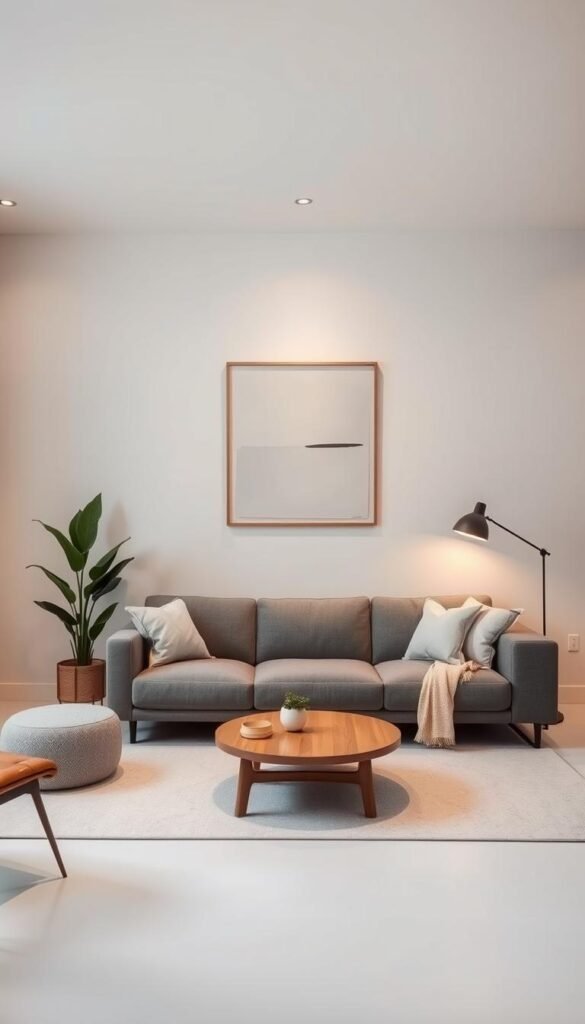 A minimalist living room with purposeful decor. A sleek gray sofa anchors the space, accented by a wooden coffee table and a single, large potted plant. Soft, indirect lighting casts a warm glow, creating a serene atmosphere. The walls are adorned with a single, abstract artwork, its clean lines and muted colors complementing the overall aesthetic. The room exudes a sense of intentionality, where every element serves a distinct purpose, resulting in a harmonious and visually appealing space.