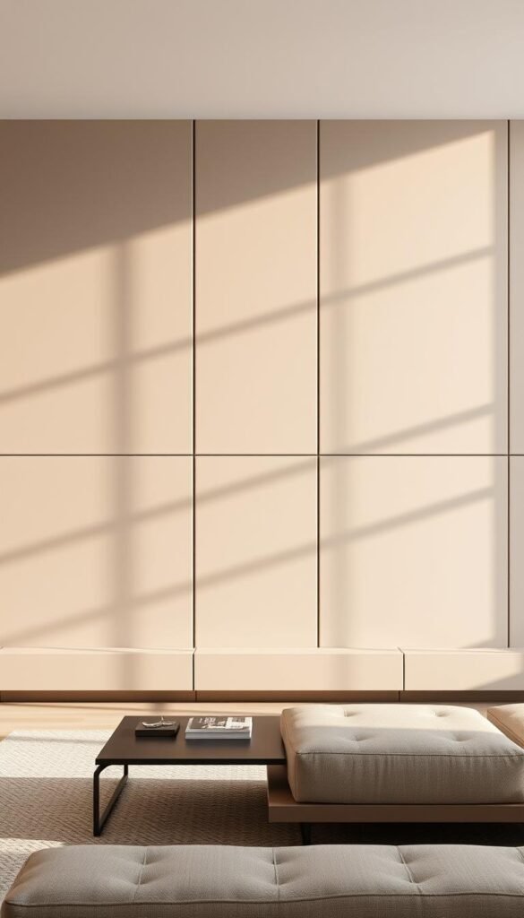 A minimalist living room with sleek, modern MDF wall panels in a neutral, earthy color palette. The panels are arranged in a clean, geometric pattern, casting subtle shadows that create a sense of depth and texture. The lighting is soft and diffused, highlighting the matte finish of the panels and creating a calming, serene atmosphere. The space is sparsely furnished, with a focus on clean lines and minimalist decor, allowing the panels to take center stage as the focal point of the room.
