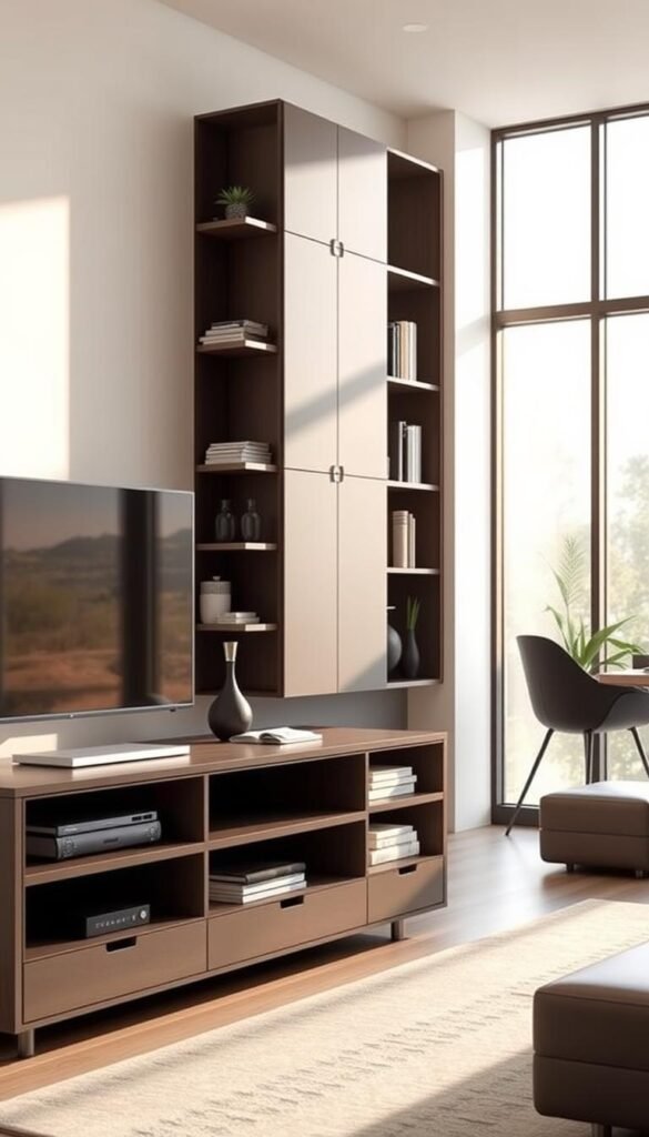 A minimalist living room with sleek, multifunctional storage solutions. In the foreground, a low-profile TV stand with built-in shelving and drawers for neatly organizing media and decor. In the middle ground, a floating wall unit with seamless compartments for books, plants, and personal items. The background features a large window flooding the space with natural light, casting warm shadows and reflections. The overall atmosphere is one of clean, uncluttered sophistication, with a focus on maximizing the available space through clever, concealed storage.