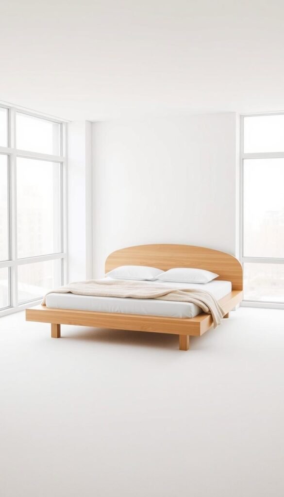 A minimalist low-profile bed with a clean-lined, platform-style frame in a warm wood tone. The headboard has a gentle, curved silhouette creating a cozy, inviting atmosphere. The bed is positioned in a bright, airy space with large windows that flood the room with natural light, casting a soft, diffused glow. The overall scene conveys a sense of simplicity, comfort and Scandinavian-inspired style, in keeping with the Korean bedroom aesthetic.