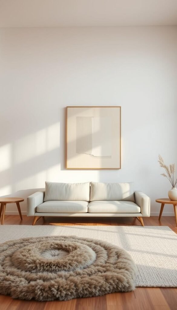 A minimalist, serene living room setting with clean lines, muted tones, and natural textures. The focal point is a low, sleek sofa bathed in soft, diffused lighting. In the background, a large, abstract wall art piece adds visual interest with its simplicity. The room is sparsely furnished, emphasizing open space and a sense of calm. Warm wood accents and a plush, textured rug ground the composition. The overall atmosphere is one of understated elegance and tranquility, embodying the core principles of minimalist design.