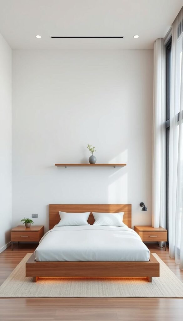 A minimalist, well-organized bedroom layout with clean lines and a harmonious balance of functional furniture. A low-profile platform bed with a solid wood frame takes center stage, flanked by a pair of sleek nightstands with subtle integrated lighting. A floating wall-mounted shelf serves as a minimalist dresser, accented with a simple vase of flowers. Soft, indirect lighting from concealed sources creates a warm, inviting ambiance. Large windows allow natural light to flood the space, while sheer curtains diffuse the illumination. The overall aesthetic is one of understated elegance, prioritizing simplicity and utility over clutter.