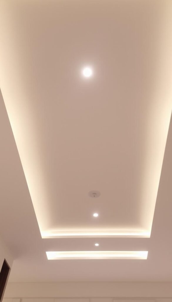 A modern ceiling design featuring a seamless, minimalist aesthetic. A geometric pattern of recessed lighting fixtures, evenly spaced, creates a sleek and sophisticated ambiance. The lighting is soft and diffuse, illuminating the room with a warm, inviting glow. The ceiling surface is a smooth, matte white finish that reflects the light subtly, adding depth and dimension. The overall effect is one of understated elegance, elevating the living space with a contemporary, high-end aesthetic.