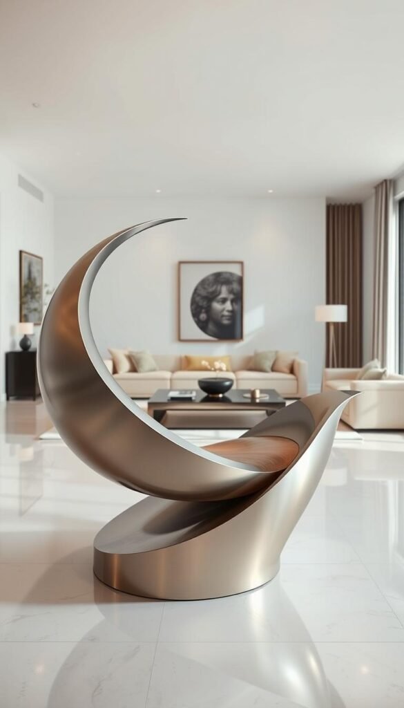 A modern, functional art piece of furniture dominates the foreground, its sleek and organic form crafted from brushed metal and glossy wood. Soft, diffused lighting accentuates the curvaceous lines and reflective surfaces, creating a sense of elegance and sophistication. In the middle ground, a minimal, neutral-toned living room setting frames the sculptural centerpiece, with minimalist decor and clean-lined furnishings that complement the artistic statement piece. The background fades into a serene, airy environment, with large windows allowing natural light to filter in and emphasize the luxurious, yet understated ambiance.