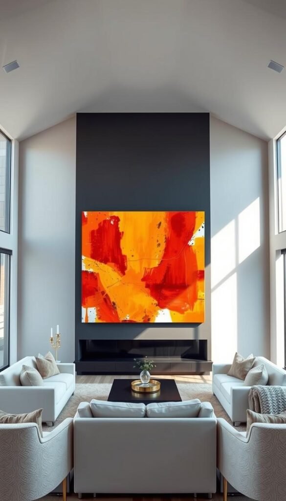 A modern high-ceiling living room with a focus on color and paint techniques. In the foreground, a vibrant abstract painting with bold strokes of warm reds, oranges, and yellows, illuminated by soft, diffused lighting from large windows. The middle ground showcases a minimalist white sofa and matching armchairs, complemented by textured throws and pillows in complementary hues. In the background, the high ceilings are accentuated with a muted gray-blue tone that gradually fades towards the corners, creating an inviting and expansive atmosphere. The overall composition emphasizes the interplay of color, light, and scale to enhance the luxurious, contemporary feel of the space.