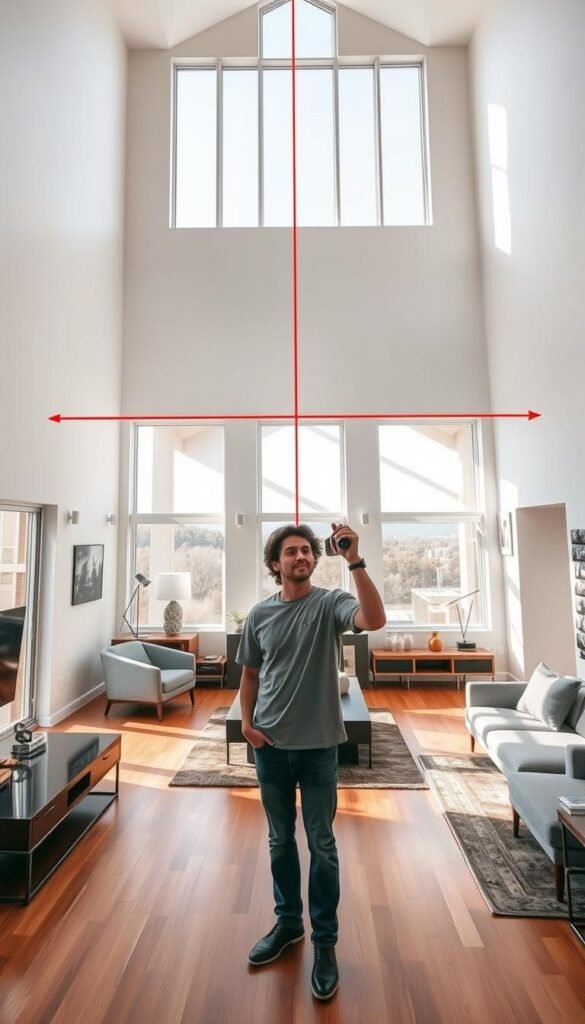 A modern, high-ceilinged living room with a person standing in the center, assessing the room's dimensions with a laser distance meter. The space is filled with natural light streaming through large windows, casting long shadows on the hardwood floors. Minimalist furniture and decor create a sleek, sophisticated atmosphere. The person wears casual attire, their expression focused and thoughtful as they measure the room's height and width. The prompt conveys a sense of careful consideration and planning to optimize the use of the high-ceilinged space.