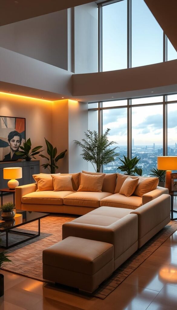 A modern, luxurious living room with a large, plush center stage sofa as the focal point. The sofa is elegantly positioned in the middle of the room, inviting visitors to sink into its soft cushions. Warm, indirect lighting from floor lamps and recessed ceiling fixtures creates a cozy, relaxing atmosphere. The room is adorned with mid-century modern decor, including a sleek coffee table, lush potted plants, and abstract artwork on the walls. Large windows overlooking a picturesque cityscape or landscape provide a scenic backdrop, allowing natural light to flood the space. The overall design exudes sophistication, comfort, and a sense of tranquility, making the center stage sofa the star of this inviting living room.