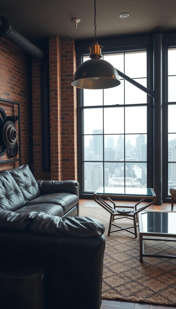 A modern, masculine living room with industrial elements. In the foreground, a rugged leather sofa and a sturdy metal coffee table with a glass top. In the middle ground, exposed brick walls and metal wall decor, such as pipes or gears, adding character. The room is illuminated by a large, industrial-style pendant light with a metal shade. In the background, a view of a city skyline through large, steel-framed windows, creating an urban, loft-like ambiance. The overall mood is sophisticated, warm, and inviting, striking a balance between raw industrial elements and comfortable, high-quality furnishings.