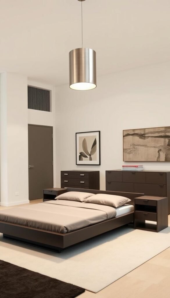 A modern, minimalist bedroom with sleek, angular furniture pieces. In the foreground, a low-profile platform bed with clean lines and a plush, neutral-toned comforter. Flanking the bed, a pair of slim, geometric nightstands with a subtle metal accent. In the middle ground, a contemporary dresser with a smooth, matte finish and integrated drawer pulls. Overhead, a pendant light with a cylindrical, brushed-metal shade casts a warm, diffused glow. The background features a simply-decorated wall with a large, framed abstract artwork. The overall atmosphere is one of understated elegance and sophistication. A modern, minimalist bedroom with sleek, angular furniture pieces. In the foreground, a low-profile platform bed with clean lines and a plush, neutral-toned comforter. Flanking the bed, a pair of slim, geometric nightstands with a subtle metal accent. In the middle ground, a contemporary dresser with a smooth, matte finish and integrated drawer pulls. Overhead, a pendant light with a cylindrical, brushed-metal shade casts a warm, diffused glow. The background features a simply-decorated wall with a large, framed abstract artwork. The overall atmosphere is one of understated elegance and sophistication.