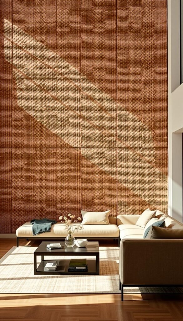 A modern, minimalist living room bathed in warm, natural light. The focal point is a textured feature wall, with intricate patterns of woven rattan or natural fibers, creating a tactile and visually interesting backdrop. The room is sparsely furnished, with a low-profile sofa and a sleek coffee table, allowing the textural elements to take center stage. Soft, neutral tones in the fabrics and decor complement the organic textures, while strategically placed accent lighting casts gentle shadows, enhancing the depth and dimensionality of the space. The overall atmosphere is one of understated elegance and refined simplicity, inviting the viewer to appreciate the beauty of the carefully curated, minimalist design.