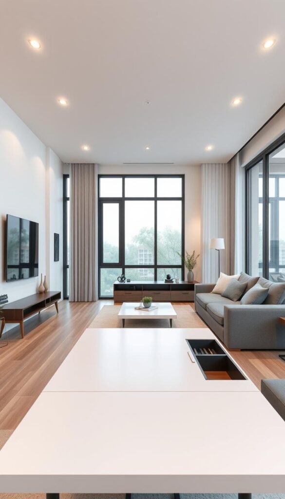 A modern, minimalist living room filled with multi-functional, space-saving furniture. In the foreground, a sleek, convertible coffee table doubles as a dining surface. Behind it, a modular sectional sofa with hidden storage compartments. In the middle ground, a wall-mounted TV stand with built-in shelving. The background showcases large, floor-to-ceiling windows, letting in ample natural light and creating an airy, open atmosphere. Soft, warm lighting from recessed ceiling fixtures casts a cozy glow throughout the room. The overall aesthetic is clean, contemporary, and tailored to maximize utility in a compact space.
