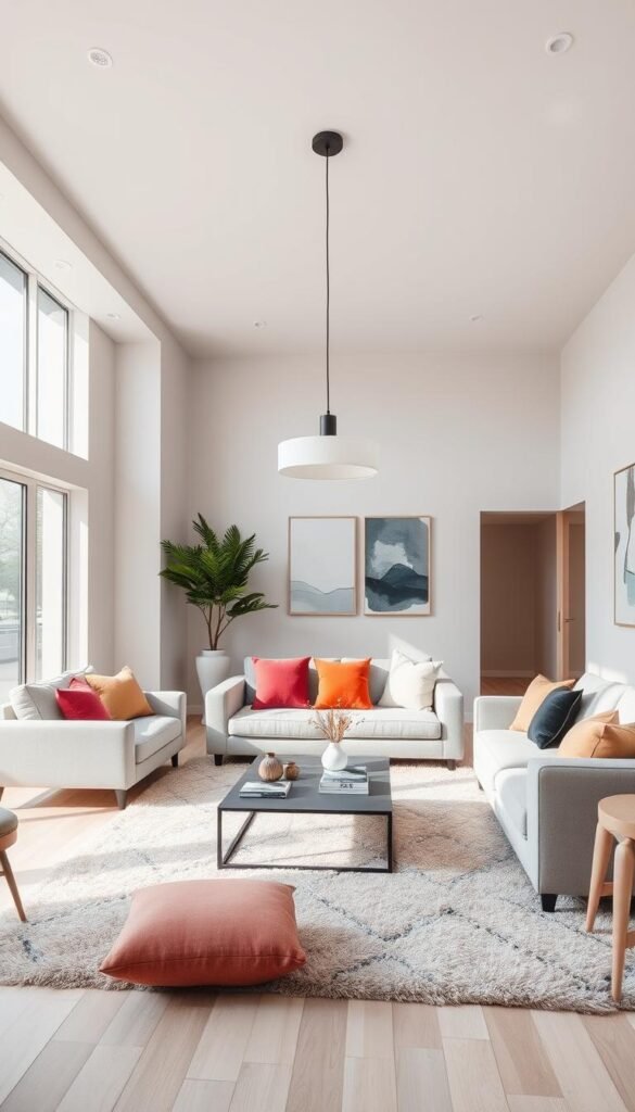 A modern, minimalist living room with a neutral color palette of soft grays, whites, and light woods. The room is flooded with natural light from large windows, creating a bright and airy atmosphere. Pops of accent color appear in the form of vibrant throw pillows, a plush area rug, and a few carefully selected decorative items. The furniture is clean-lined and contemporary, with a focus on functionality and simplicity. The lighting is a mix of recessed ceiling fixtures and a statement pendant lamp, casting a warm glow throughout the space. The walls are adorned with abstract artwork, adding a touch of creativity and personality to the room. Overall, the space feels effortlessly cool and inviting, blending industrial and Scandinavian design elements.