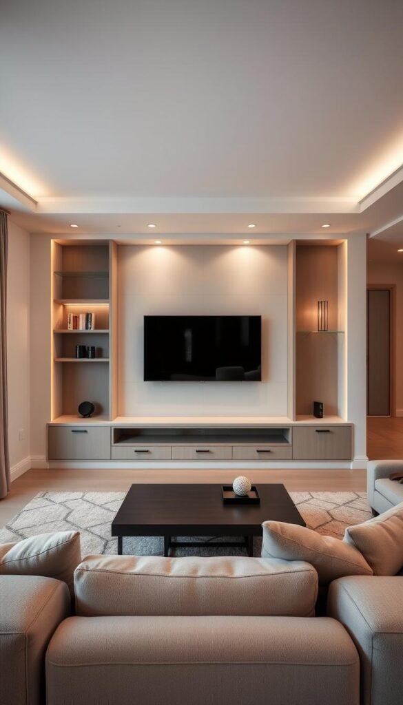 A modern, minimalist living room with a sleek, recessed media wall. The wall features a large, flat-screen TV mounted flush, surrounded by built-in shelving and storage compartments. Diffused, warm lighting fixtures flank the TV, creating a cozy, inviting ambiance. The room is filled with neutral tones, clean lines, and a sense of streamlined sophistication. In the foreground, a low-profile coffee table and plush, neutral-colored seating create a cohesive, harmonious arrangement. The overall scene conveys a balanced, intentional design that seamlessly integrates the TV into the living space.